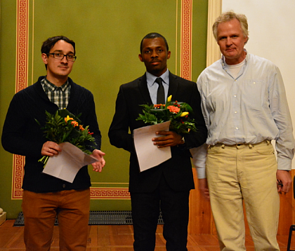 Award Ceremony of the Halle Young Polymer Scientists Scholarship 2013/14 
upon A. Mordvinkin and M. Folikumah by the spokesman of Polymer Materials 
Science Prof. Dr. Jrg Kreler at Lwengebude in Halle, December 06, 2013.
