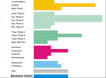 Ablauf B.Sc. Medizinische Physik (insgesamt 180 LP; die Lnge der Balken ist proportional dem Zeitaufwand je Modul, z.B. hat die Bachelor-Arbeit 10 LP)